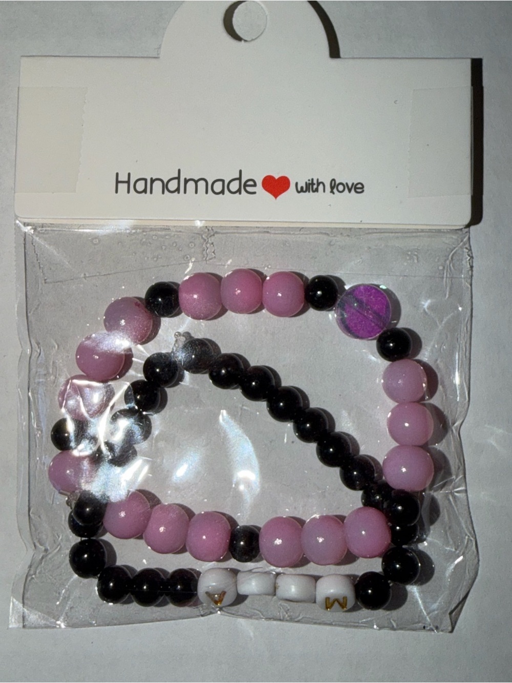 Handmade Pink and Black Beaded Bracelet Set